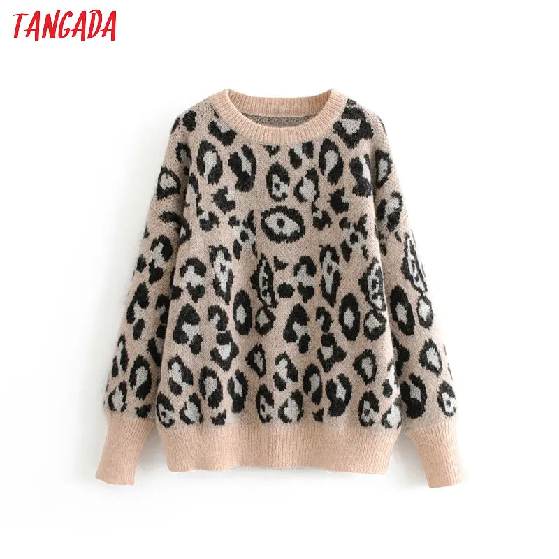 

Tangada women leopard pattern vintage oversized jumper 2019 winter o neck long sleeve female sweater knitwear 3H138