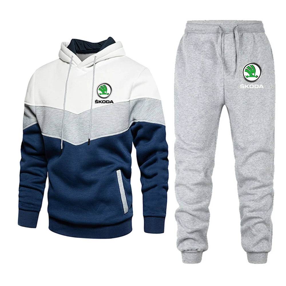 Skoda Logo 2021 high quality Men's Patchwork College style Hooded Hoodie Suit Polar Fleece Warm Streetwear Sports Track Suit 6