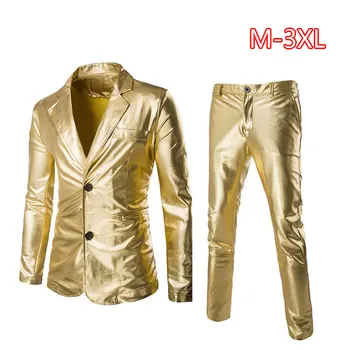 

Men Coated Gold Suit Set 2 pcs Jackets + Pants Men Blazers Sets Dress Blazer Set Wedding Party Show Shiny Clothes
