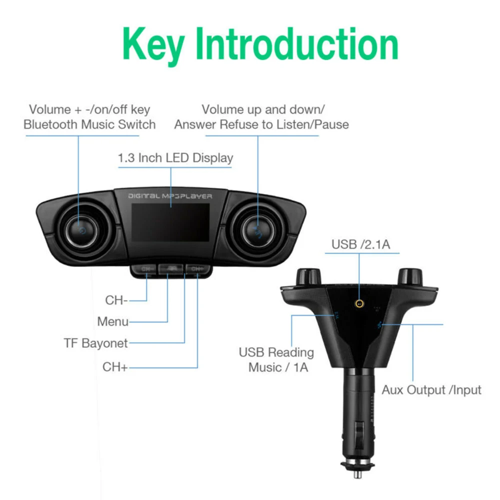 Беспроводной Bluetooth Hands-free fm-передатчик Aux USB MP3-плеер 1," светодиодный дисплей