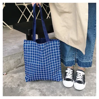 

Large Capacity Women Canvas Handbags Reusable Plaid Ladies Cotton Linen Shopping Bag Fashion Designer Female Beach Shoulder Bags
