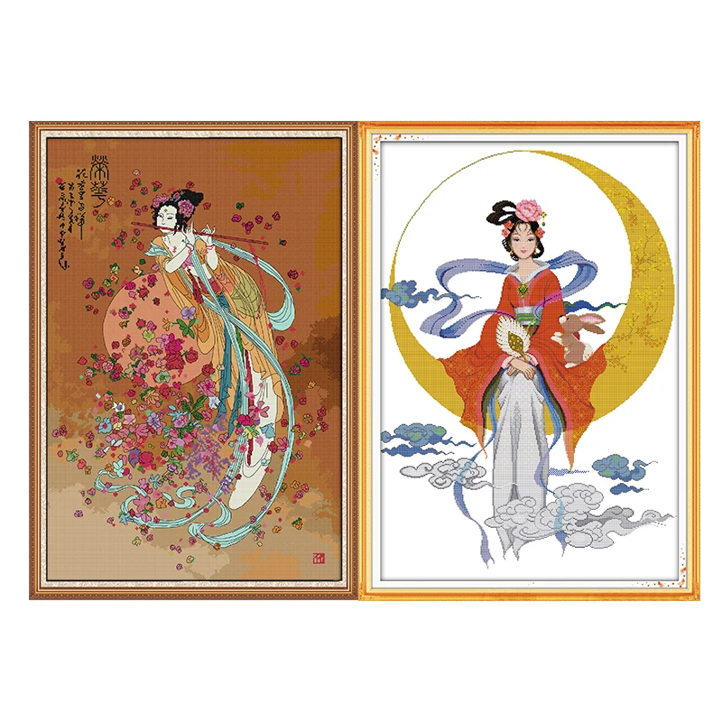 

Joy Sunday Cross Stitch The Goddess Chang'e Flying To The Moon Paintings 11CT 14CT Cross Stitch Kits Embroidery Needlework Sets
