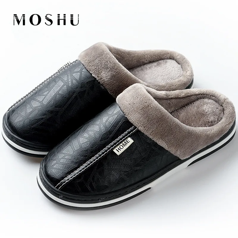 

Women Home Slippers Pu Leather Fur Slides Winter Furry Slipper Waterproof Warm Couple Indoor Floor Shoes Pantoufle Femme