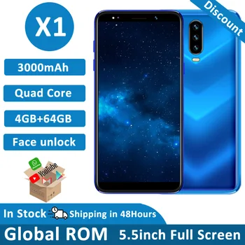 

X1 4G RAM 64G ROM 5.5" 18:9 HD screen 13MP camera Face ID 3000mAh mobile phones android MTK6580 quad core celulares Smartphones