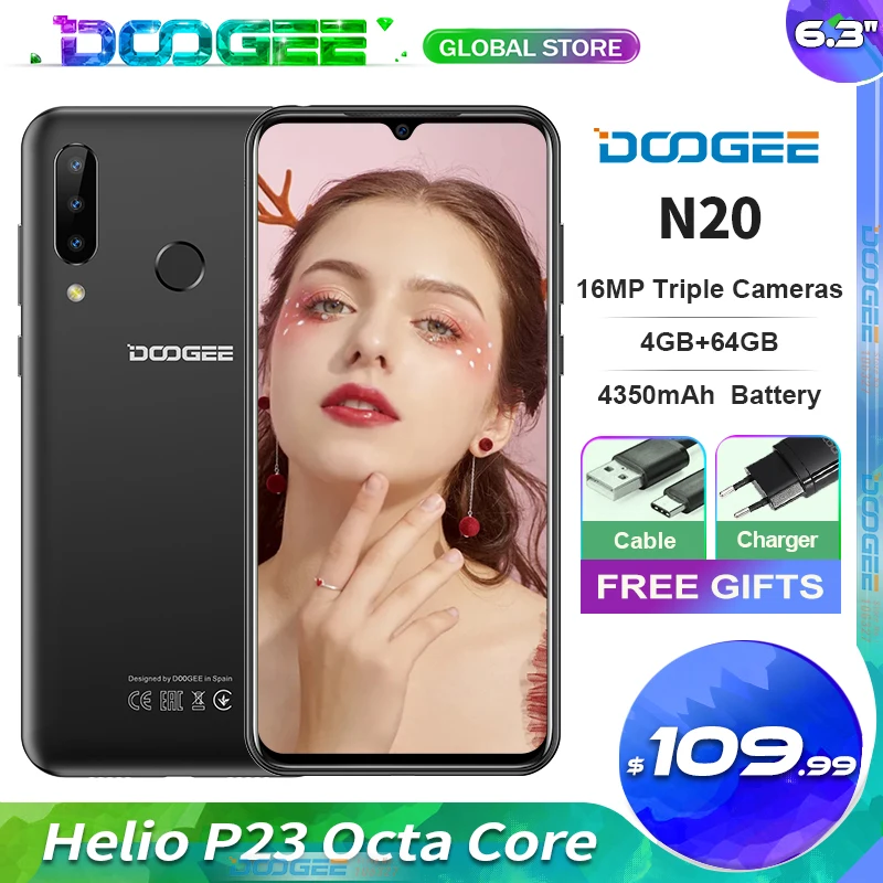 DOOGEE-teléfono inteligente N20, Smartphone con Triple cámara trasera de 16MP, huella dactilar, pantalla FHD de 6,3 pulgadas, 64GB + 4GB, procesador MT6763, Octa Core, batería de 4350mAh