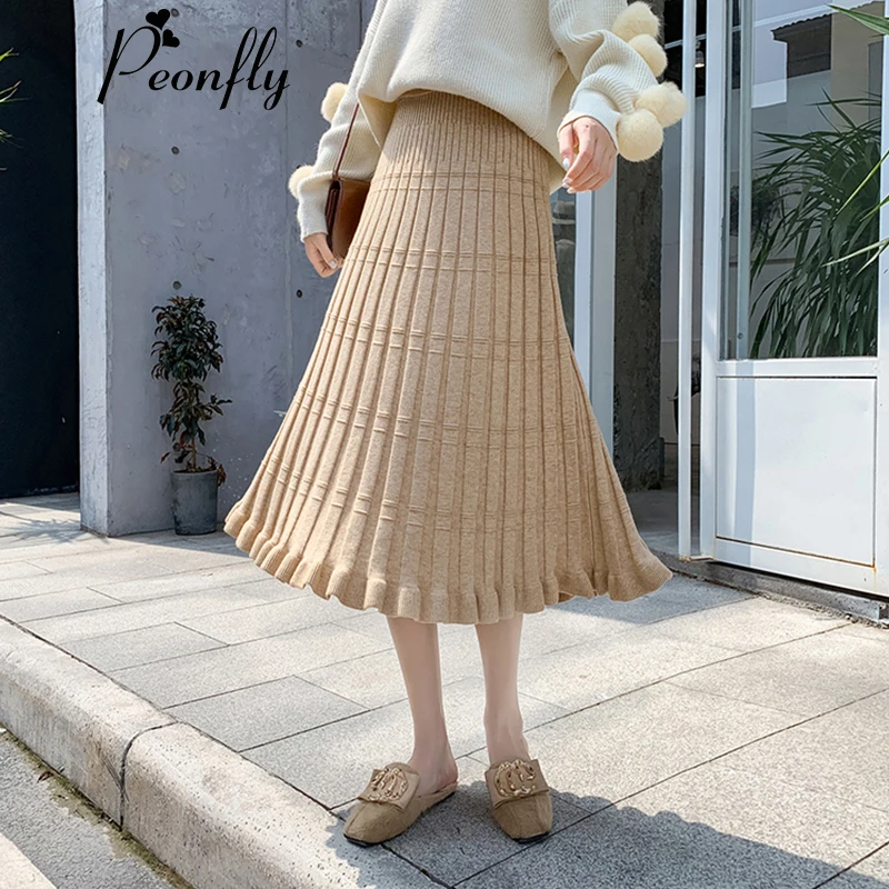 PEONFLY осень зима высокоэластичные вязаные длинные юбки женские модные элегантные Корейская Высокая талия плиссированная женская Юбка-миди