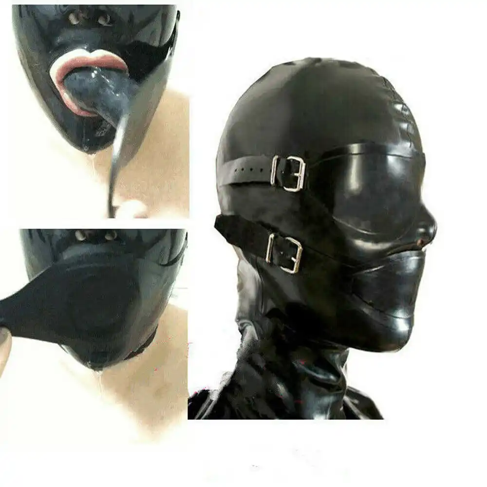 latex gummi rubber hood mask with red lips and