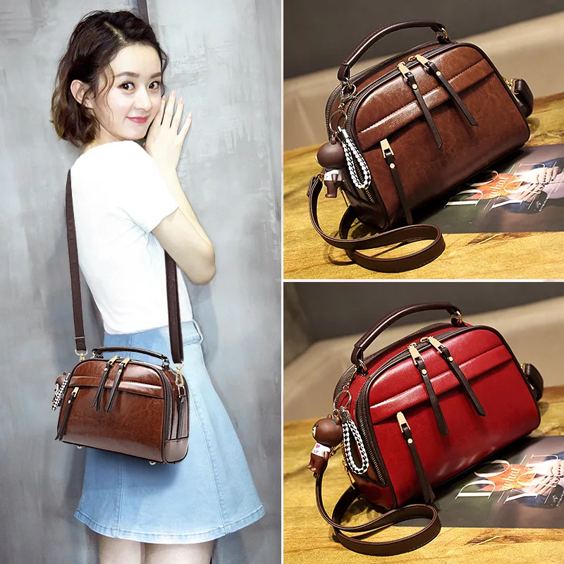 

2019 new Korean version of retro leather women's bag postman bag oil wax cowhide oblique satchel handbag