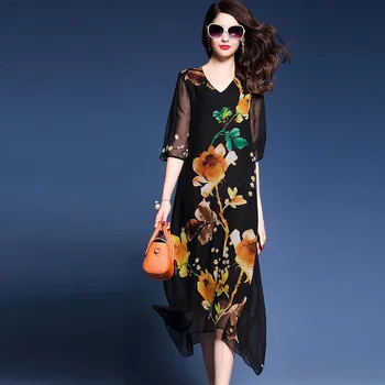 

2020 Fashion Robe Femme Bohemian Summer Floral Dress Women V-Neck Casual Loose Ethnic Print Silk Dresses Vestidos WXF645