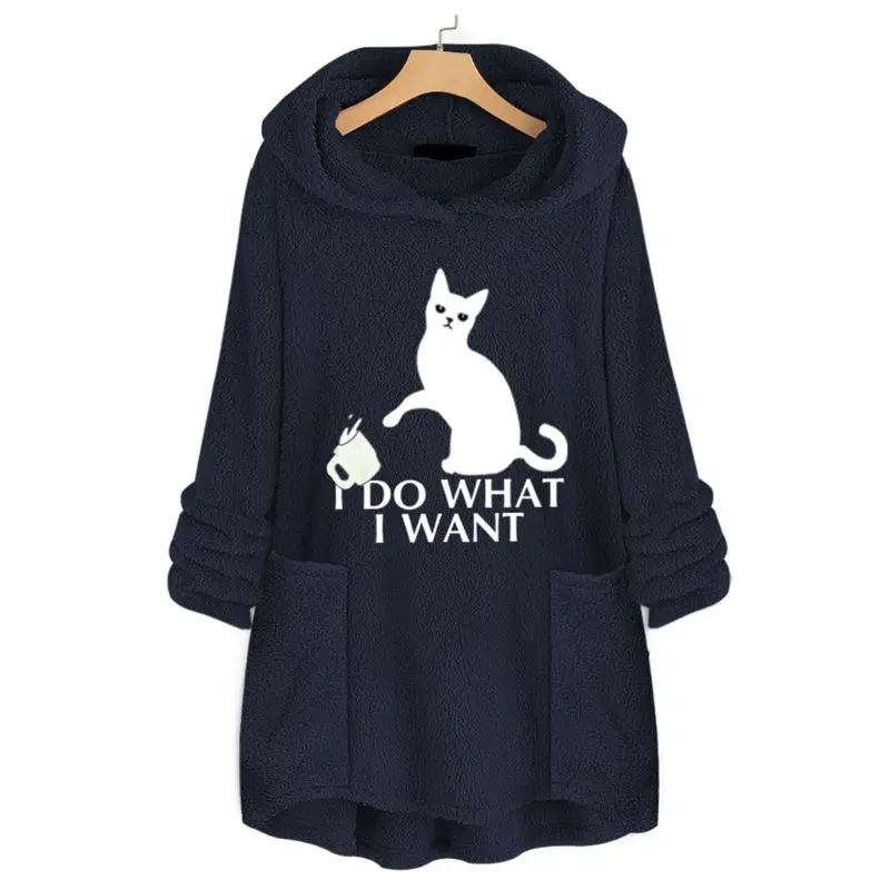 Womens Plus Size Winter Thicken Plush Hooded Sweatshirt Cute Lazy Cat Cartoon Printed Loose Asymmetric Hem Tunic Tops M-5XL