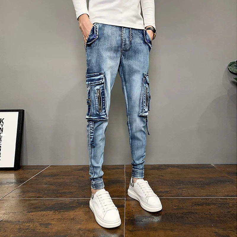 New Korean Blue Denim Men Joggers Pants 