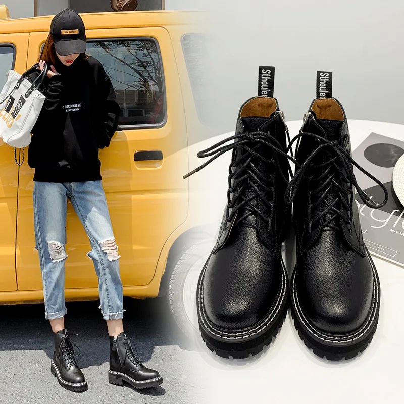 

Mid-boot Fall and Winter 2019 New Martin Boots Female Air-permeable Heavy-soled Tools Black British Wind Turbine Shoe Boots