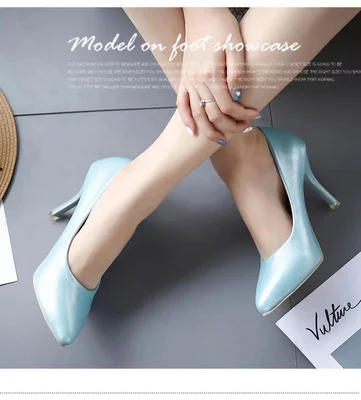 Белые элегантные тонкие туфли на высоком тонком каблуке с круглым носком пикантные туфли-лодочки Профессиональная женская обувь Рабочая обувь больших размеров 41,42 43 - Цвет: Синий