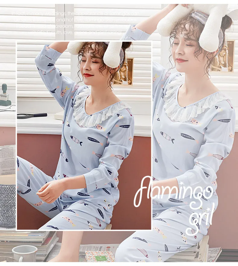 QWEEK/Корейская версия, модные пижамы с принтом, женские удобные пижамы с длинными рукавами, свободные дышащие хлопковые пижамы для женщин