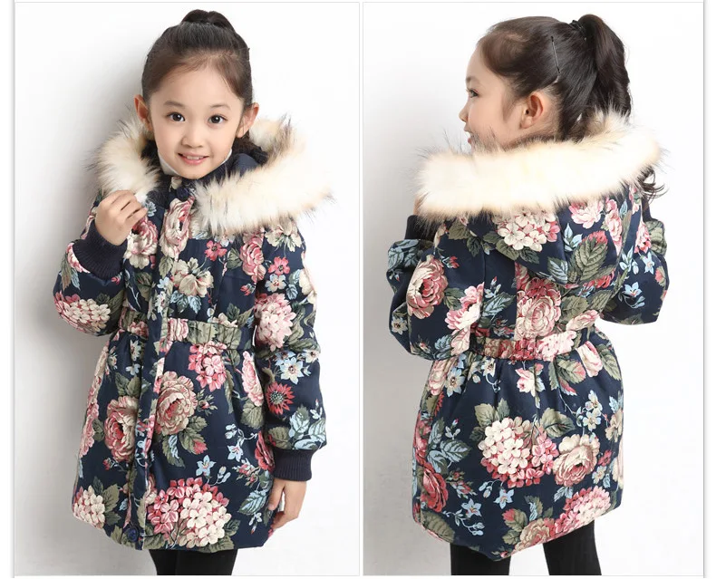Зимнее хлопковое пальто для девочек Детская плотная теплая длинная одежда из хлопка с цветочным и бархатным принтом Новинка года, детская зимняя куртка для малышей