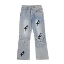 Pantalones vaqueros holgados y rectos para Hombre y mujer, Jeans de cuero sintético con bordado cruzado, color azul, estilo Hip Hop Punk, 2021