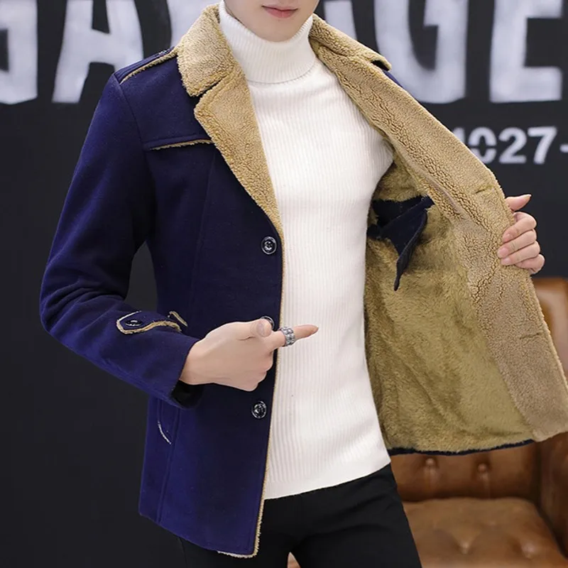 

Fashion Epaulet Mens Winter Fleece Lining Warm Jacket Korean Slim Fit Wool Coat For Men Casual Boys Fur Collar Overcoat Big Size