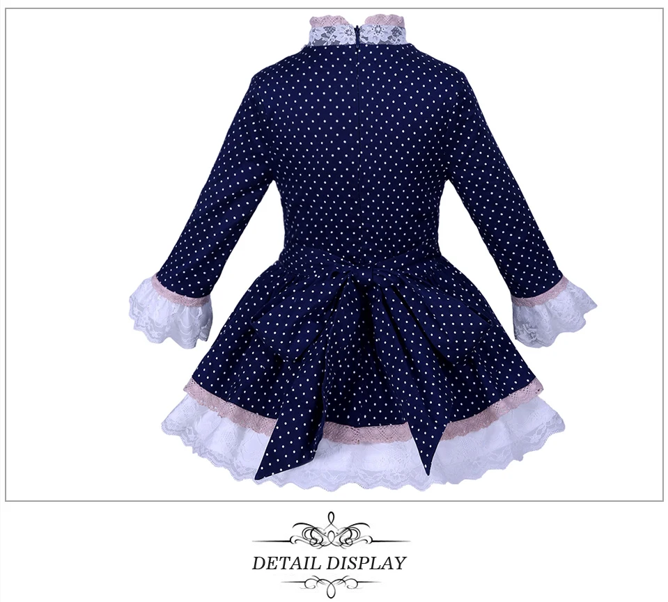 Cutestyles for Girls Dress Navy Lace Sash Polka Dots Dresses Vintage Boutique Spring Autumn Children Kids Clothes G-DMGD007-A145