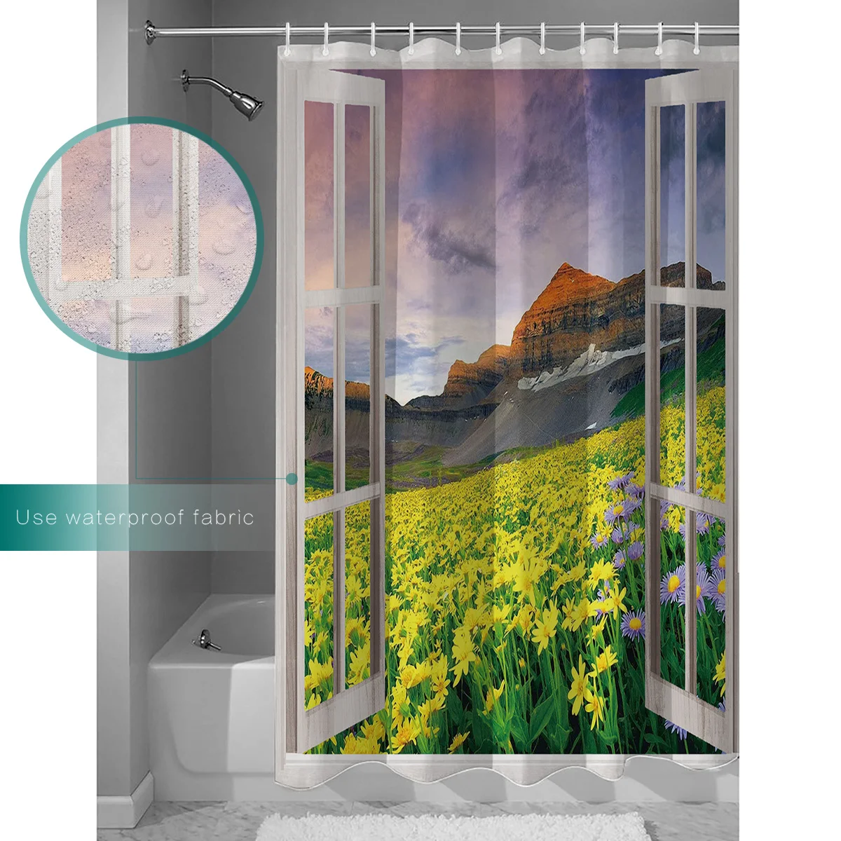 Creative Window Views Yellow Flower Fields Blooming In Spring Hook Shower Curtain for Bathroom Decoration