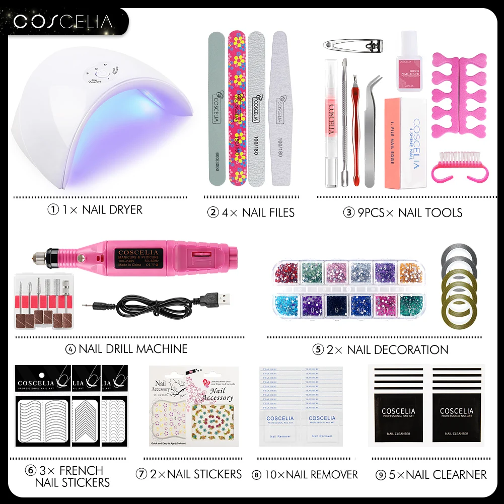 36W Only Tools Set A COSCELIA 54 Вт лампа Полный акриловый набор для ногтей набор гель-лаков для ногтей инструменты для маникюра Набор для ногтей все для маникюра Набор для гель-лака - Цвет: 36W Only Tools Set A