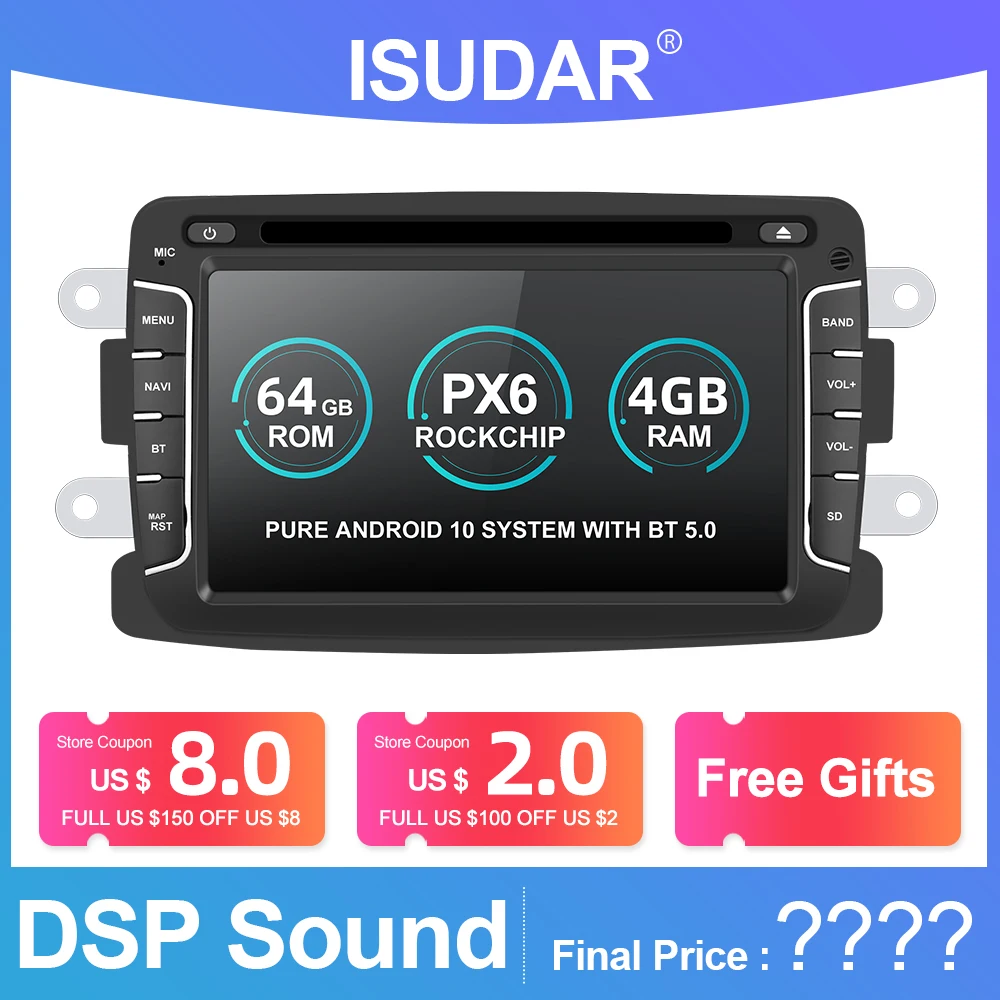 Isudar 1 Din PX6 Авто Радио Android 10 для Dacia/Sandero/Duster/Renault/Captur/Lada/Xray 2/Logan2 Автомобильный