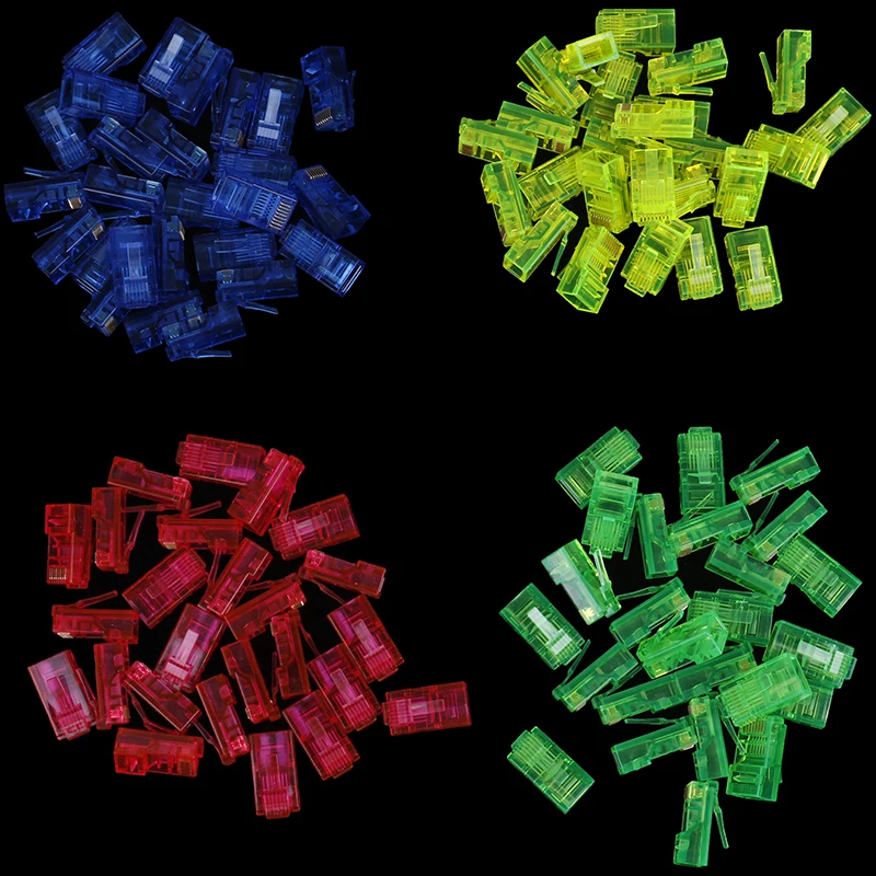 20pcs/pack Module Plug Network Connector Ethernet Cables Crystal Heads Cat5 Random Color Cat5e Gold Plated Leads RJ45