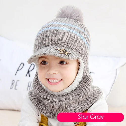 Зимняя детская шапка, шарф для девочек и мальчиков, вязаная шапка для младенцы, малыши, дети, теплая Милая модная Круглая Шапка со звездами, вязаная грелка для шеи 2-5 лет - Цвет: Gray