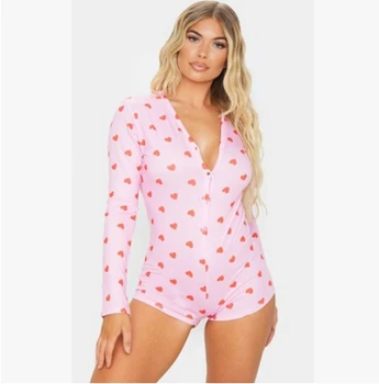 

Women's Pajamas Romper, Summer Boxer, Printed Long Sleeve Loose Nightclothes Buttons Sleeping Wear Homewear Casual
