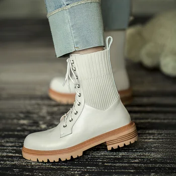 

Royesic Genuine cowhide Chelsea boots women 2020 autumn British style thick-soled mid-tube boots ankle boots women