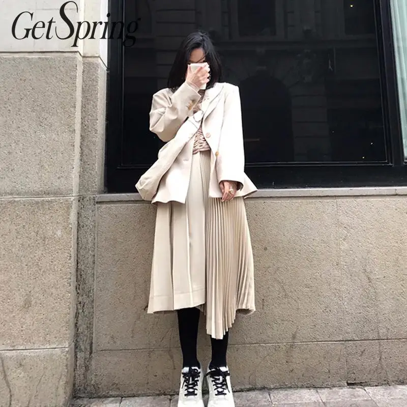 

GetSpring Women Sets Blazer Set Long Sleeve Long Women Blazer Irregular High Waist Long Pleated Skirt Two Piece Set Skirt Autumn