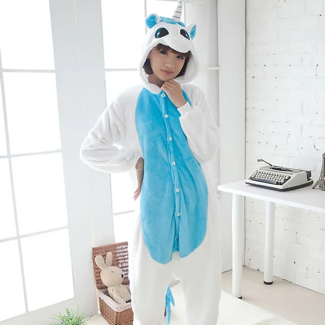 Кигуруми Единорог пижамы наборы для женщин Фланелевые пижамы животных костюмы Зимние теплые цельные пижамы единорог Комбинезоны Косплей Костюм - Цвет: Blue Unicorn