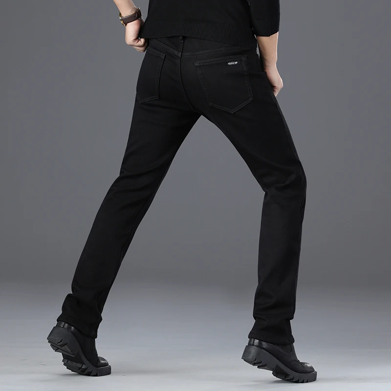 Fashion Winter Men Jeans Black Color Simple Casual Business Warm Jeans Men High Quality Elastic Classical Velvet Smart Pants