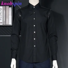 Брендовая деловая мужская хлопковая рубашка с длинным рукавом, тонкая однотонная черная рубашка на молнии, повседневные мужские рубашки размера плюс M-2XL, сорочка