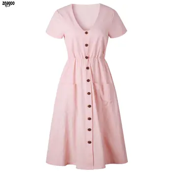 

Women Casual Short Sleeve V-neck Solid Mid-Calf Summer Dress with Button,Pocket Pockets Pullover Mid waist