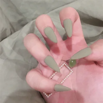 

New Solid Color Full Cover long stiletto nail tips Fashion Green Gray Color Matte fake nails Bride Artificial Nails with glue