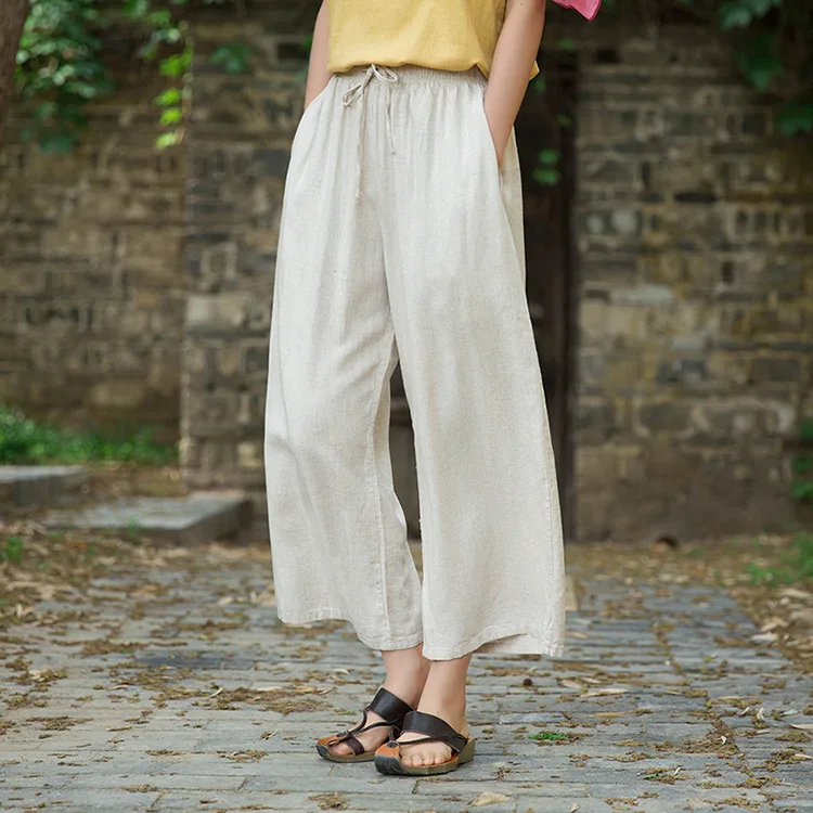 Johnature 2020 Autumn Women New Retro Elastic Waist Cotton Linen Lace Up Wide Leg Pants Loose Casual All-match Ankle-length Pant