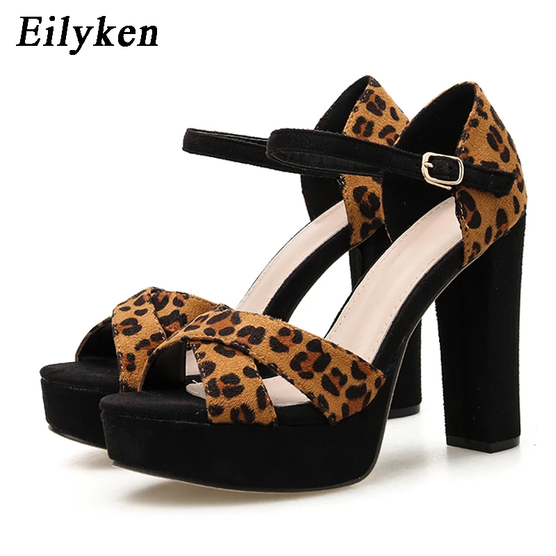 

Eilyken 2020 Summer Sexy Leopard Print Women Sandals Platform Peep-Toe Buckle Strap Party Square High Heels Ladies Shoes