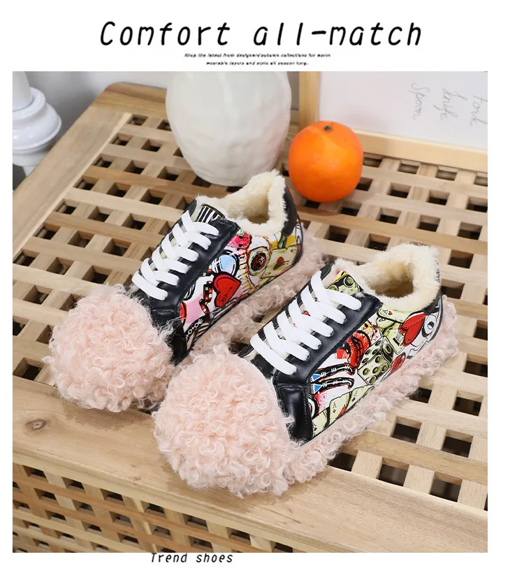 New Fashion Plush and Velvet Flat Bottom Graffiti Shoes Female Wear Thick Warm Casual Winter Womens Sneakers W20-57