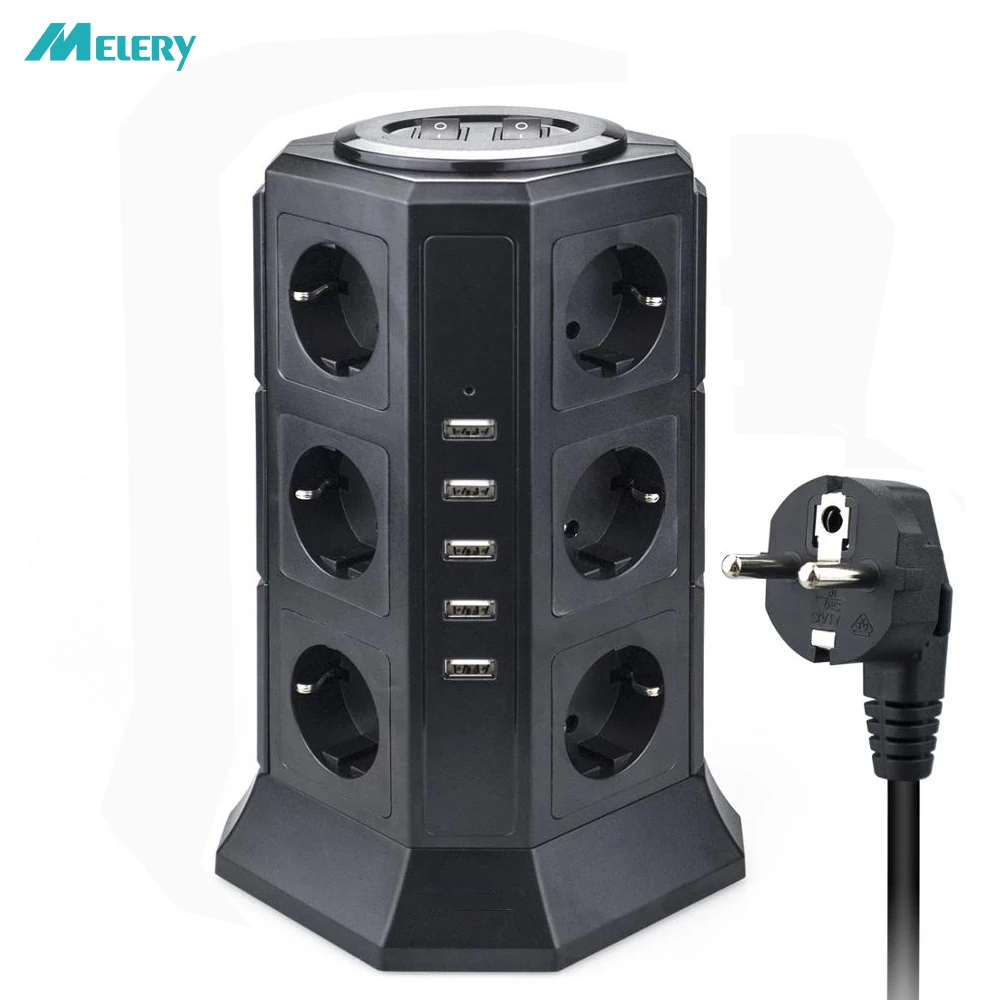 

Tower Multi Power Strip Vertical EU Plug 12 Way Outlets Sockets with USB Surge Protector Circuit Protection 2m Extension Cord