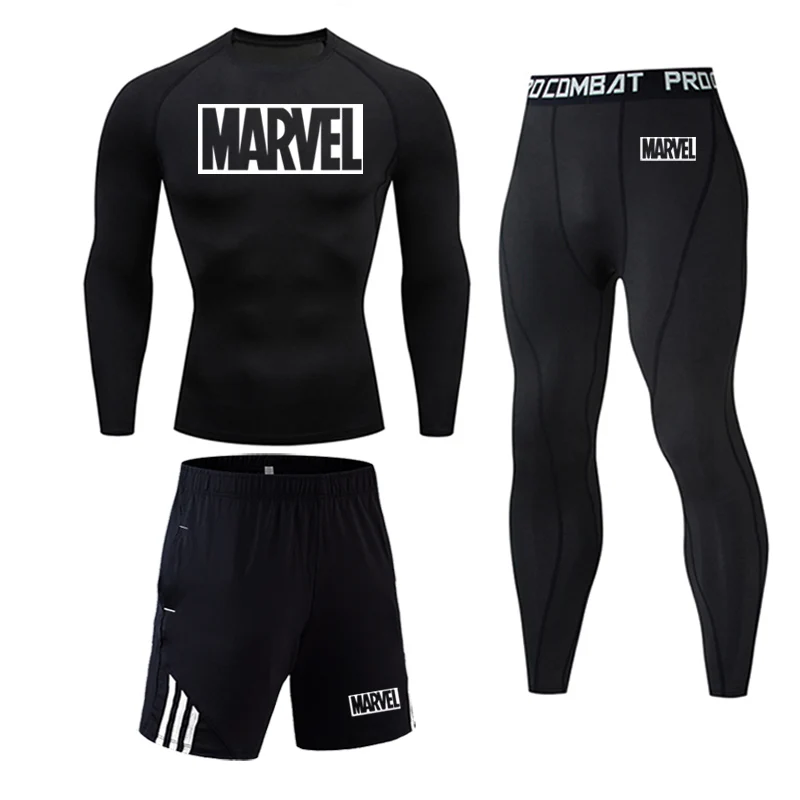 Men's sportswear compression sport suit men's tights+ leggings Marvel men's T-shirt workout clothes rashguard men's kit - Цвет: 3 pieces