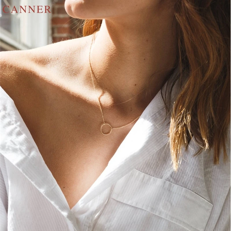 CANNER Hollow Round Circle Necklace Women Choker 925 Sterling Silver Necklace Gold Color Collar Chains Jewelry Gifts Collier C40