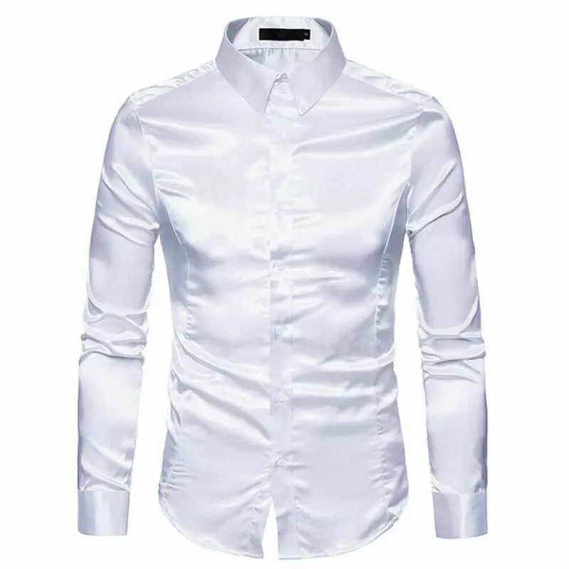 Plus size S-XXL Men Shirt Silk Satin Smooth Men Solid Tuxedo Business Shirt Casual Slim Fit Shiny Gold Wedding Dress Shirts dress shirts men casual shirts