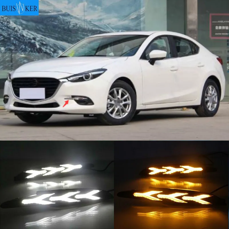 

2 шт. LED DRL для Mazda 3 Axela 2017 2018 светодиодный Вождение автомобиля противотуманные фары светильник противотуманных фар с потоком желтым сигналом поворота