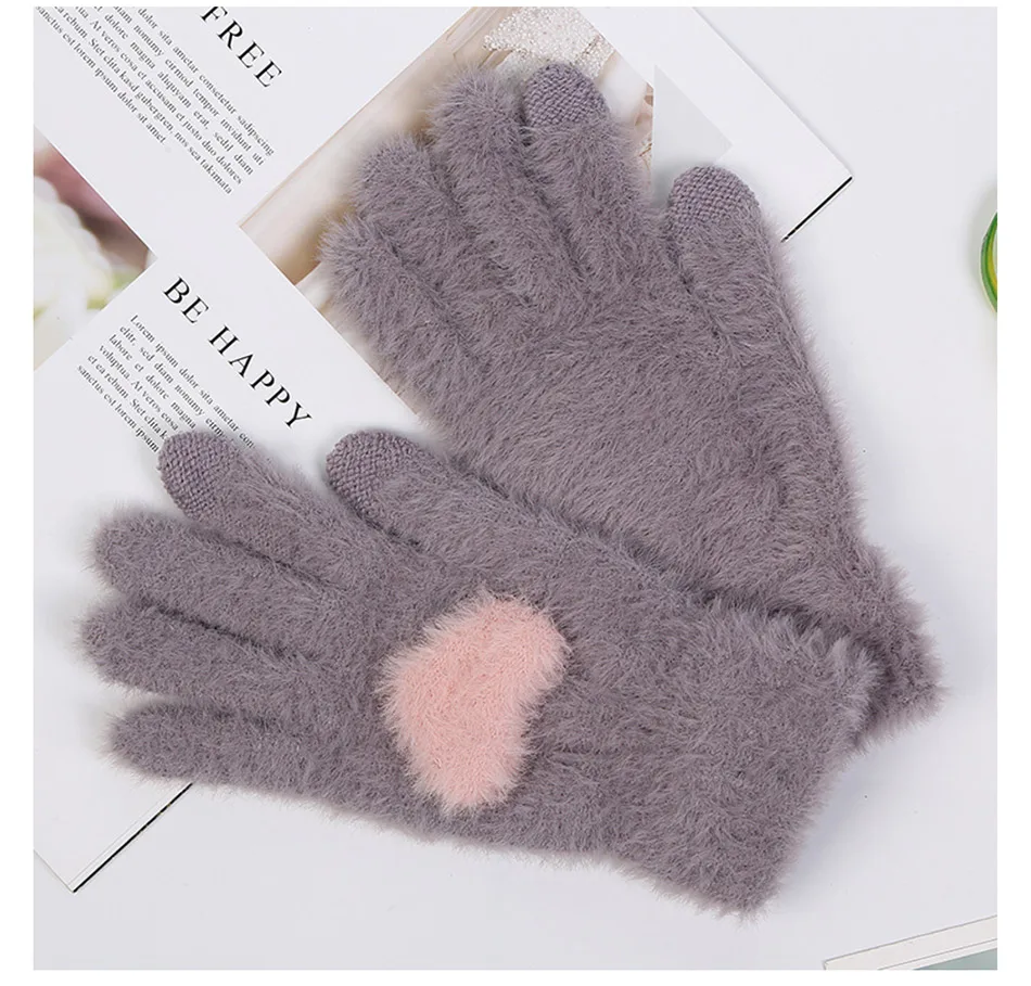 Милые зимние перчатки для женщин, плюшевые теплые перчатки с сердечком, женские перчатки, мягкие теплые