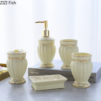 

European Style Ceramics Bathroom Accessories Set Soap Dispenser/Toothbrush Holder/Tumbler/Soap Dish Tray Bathroom Supplies