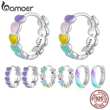 bamoer Genuine 925 Sterling Silver Women Multicolor Enamel Heart Hoop Earrings Rainbow Trend Jewelry for Girl Gift SCE909