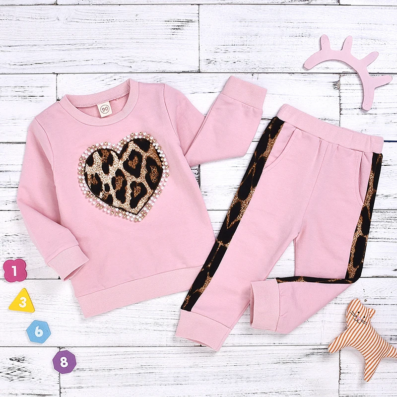 PINK Г. Комплект осенне-зимней одежды для маленьких девочек, Леопардовый свитшот с длинными рукавами топ+ штаны детская одежда из 2 предметов одежда для детей - Цвет: PINK