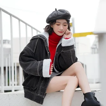 

2020 Women Winter Coat Korean Style Ins Hot Loose Student Short Plus Velvet Thick Berber Fleece Jeans Denim Jacket Female L0142