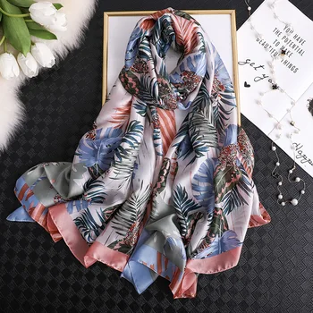 

Large Size Silk Scarf Women Travel Shawls and Wraps Floral Leave Print Ins Scarves Beach Stole for Lady Foulard Pashmina