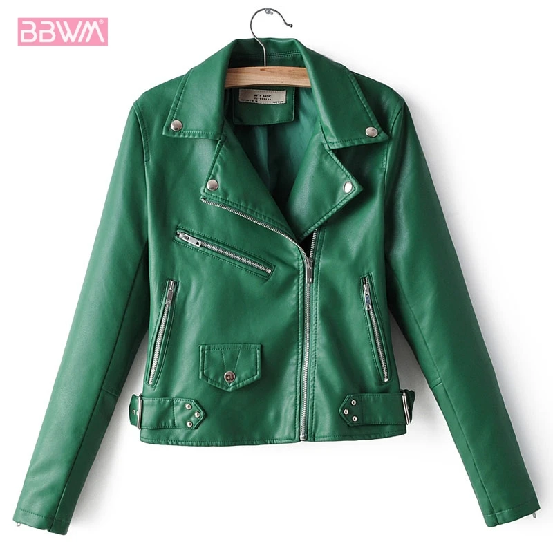 

PU Lapel Long Sleeve Motorcycle Zipper Windproof Women's Jacket 2019 Autumn New Korean Version Wild Chic Female Coat Green Black